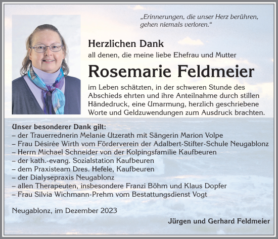 Traueranzeige von Rosemarie Feldmeier von Allgäuer Zeitung, Kaufbeuren/Buchloe