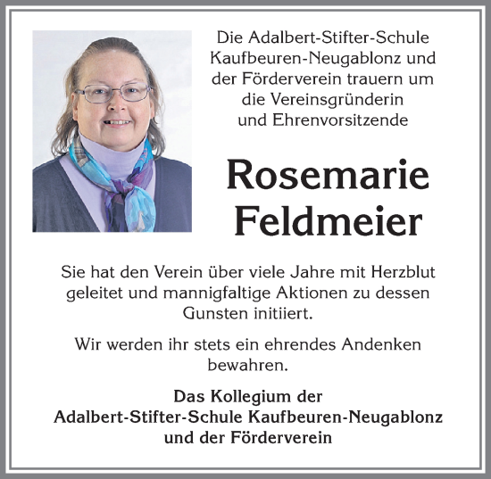 Traueranzeige von Rosemarie Feldmeier von Allgäuer Zeitung, Kaufbeuren/Buchloe