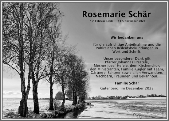 Traueranzeige von Rosemarie Schär von Allgäuer Zeitung, Kaufbeuren/Buchloe
