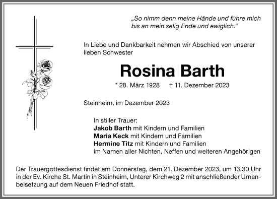 Traueranzeige von Rosina Barth von Memminger Zeitung