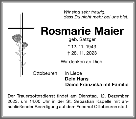 Traueranzeige von Rosmarie Maier von Memminger Zeitung