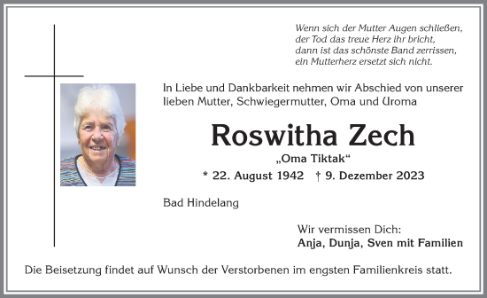 Traueranzeige von Roswitha Zech von Allgäuer Anzeigeblatt