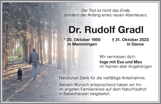 Traueranzeige von Rudolf Gradl von Memminger Zeitung