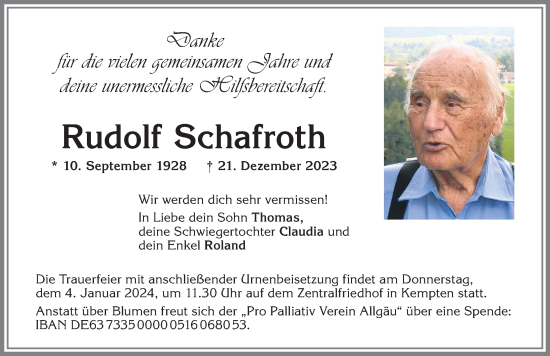 Traueranzeige von Rudolf Schafroth von Allgäuer Anzeigeblatt
