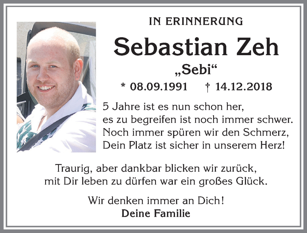  Traueranzeige für Sebastian Zeh vom 14.12.2023 aus Allgäuer Zeitung,Kempten