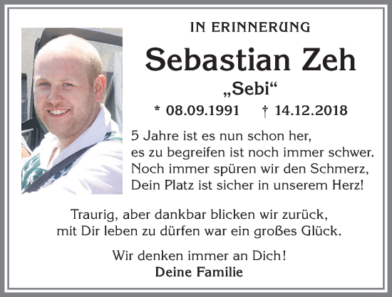 Traueranzeige von Sebastian Zeh von Allgäuer Zeitung,Kempten