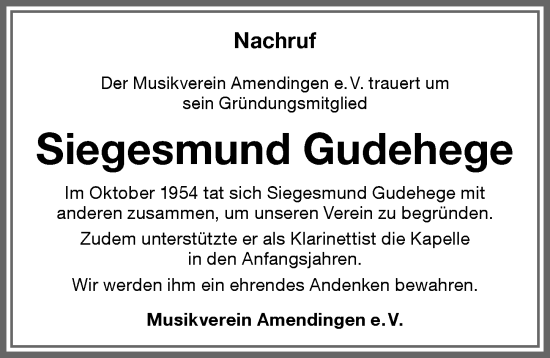 Traueranzeige von Siegesmund Gudehege von Memminger Zeitung