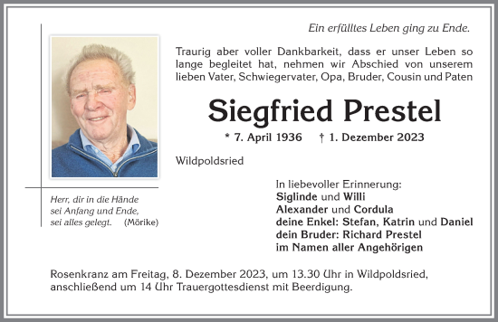 Traueranzeige von Siegfried Prestel von Allgäuer Zeitung,Kempten