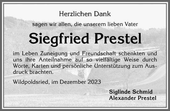 Traueranzeige von Siegfried Prestel von Allgäuer Zeitung,Kempten