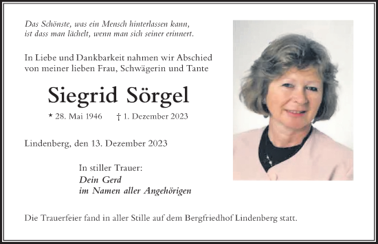Traueranzeige von Siegrid Sörgel von Der Westallgäuer