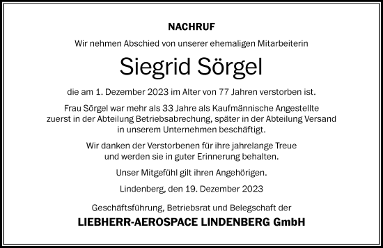 Traueranzeige von Siegrid Sörgel von Der Westallgäuer