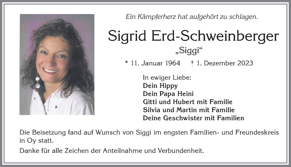  Traueranzeige für Sigrid Erd-Schweinberger vom 09.12.2023 aus Allgäuer Zeitung,Kempten