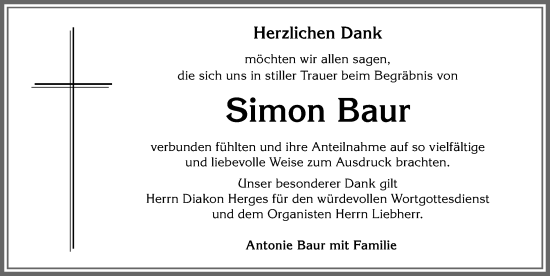Traueranzeige von Simon Baur von Allgäuer Anzeigeblatt