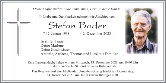 Traueranzeige von Stefan Bader von Allgäuer Zeitung, Marktoberdorf