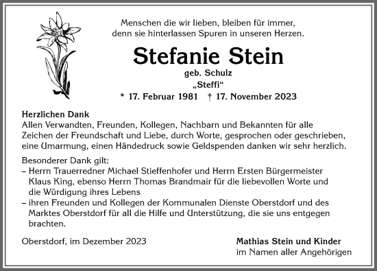 Traueranzeige von Stefanie Stein von Allgäuer Anzeigeblatt