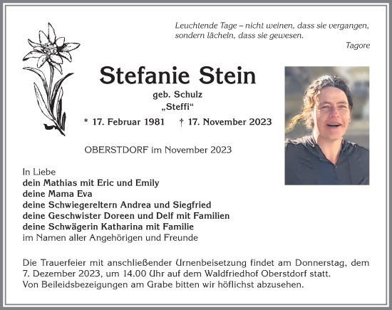 Traueranzeige von Stefanie Stein von Allgäuer Anzeigeblatt