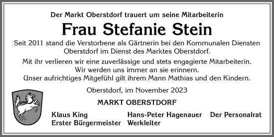 Traueranzeige von Stefanie Stein von Allgäuer Anzeigeblatt