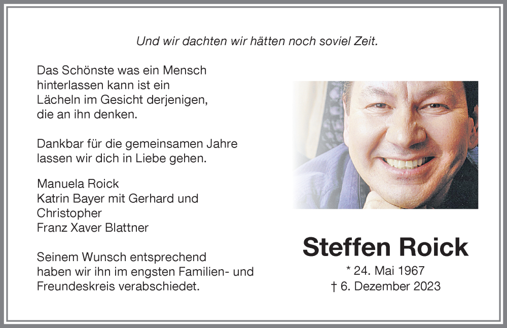  Traueranzeige für Steffen Roick vom 16.12.2023 aus Memminger Zeitung