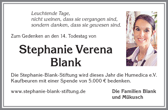 Traueranzeige von Stephanie Verena Blank von Allgäuer Zeitung, Kaufbeuren/Buchloe
