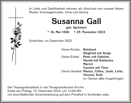 Traueranzeige von Susanna Gall von Allgäuer Anzeigeblatt