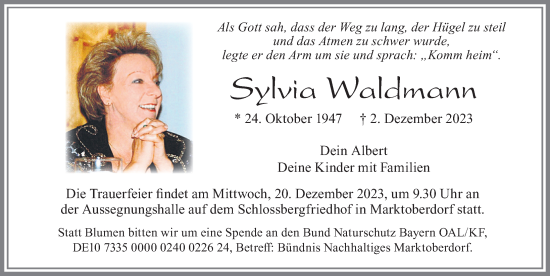 Traueranzeige von Sylvia Waldmann von Allgäuer Zeitung, Marktoberdorf