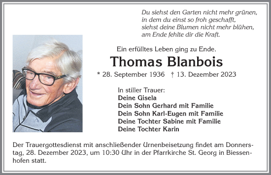 Traueranzeige von Thomas Blanbois von Allgäuer Zeitung, Marktoberdorf