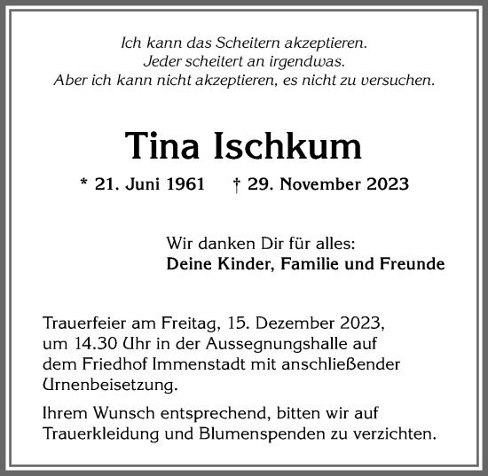 Traueranzeige von Tina Ischkum von Allgäuer Anzeigeblatt