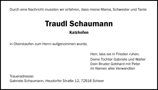 Traueranzeige von Traudl Schaumann von Allgäuer Anzeigeblatt