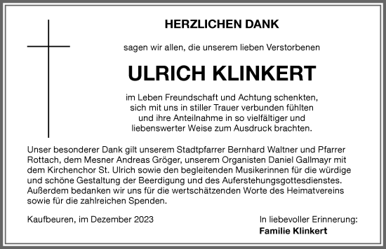 Traueranzeige von Ulrich Klinkert von Allgäuer Zeitung, Kaufbeuren/Buchloe