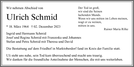 Traueranzeige von Ulrich Schmid von Allgäuer Zeitung, Marktoberdorf