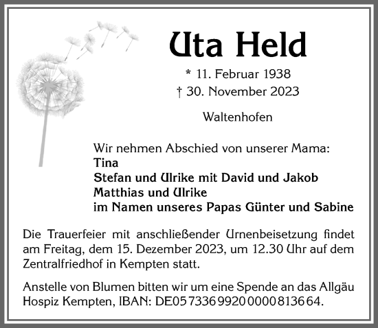 Traueranzeige von Uta Held von Allgäuer Zeitung,Kempten