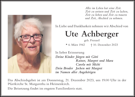 Traueranzeige von Ute Achberger von Der Westallgäuer
