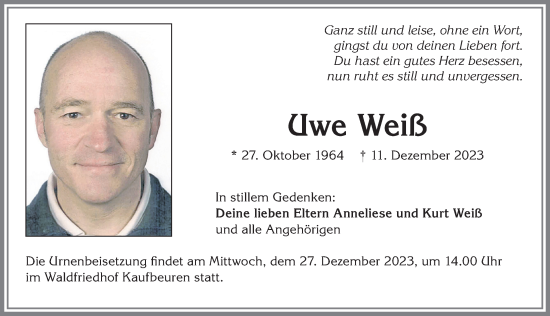 Traueranzeige von Uwe Weiß von Allgäuer Zeitung, Kaufbeuren/Buchloe