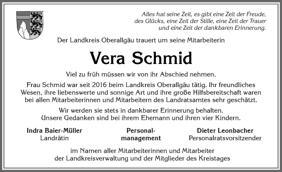Traueranzeige von Vera Schmid von Allgäuer Anzeigeblatt