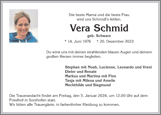 Traueranzeige von Vera Schmid von Allgäuer Anzeigeblatt