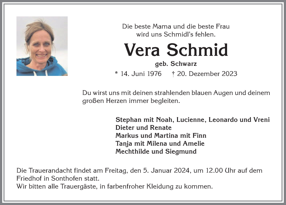  Traueranzeige für Vera Schmid vom 27.12.2023 aus Allgäuer Anzeigeblatt