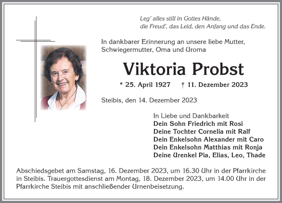 Traueranzeige von Viktoria Probst von Allgäuer Anzeigeblatt