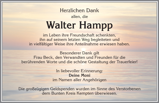 Traueranzeige von Walter Hampp von Allgäuer Zeitung,Kempten