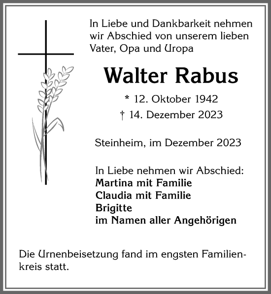 Traueranzeige von Walter Rabus von Memminger Zeitung