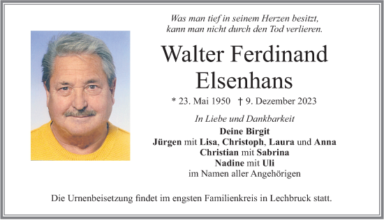 Traueranzeige von Walter Ferdinand Elsenhans von Allgäuer Zeitung, Füssen