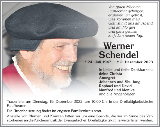 Traueranzeige von Werner Schendel von Allgäuer Zeitung, Kaufbeuren/Buchloe