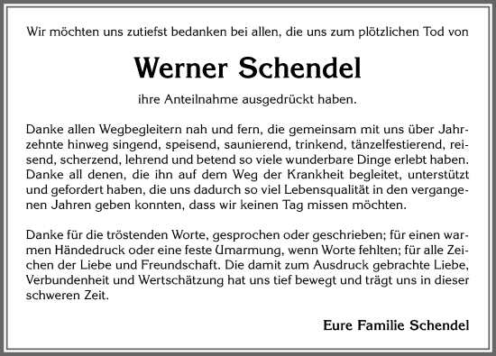 Traueranzeige von Werner Schendel von Allgäuer Zeitung, Kaufbeuren/Buchloe