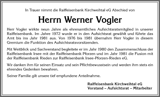 Traueranzeige von Werner Vogler von Allgäuer Zeitung, Kaufbeuren/Buchloe
