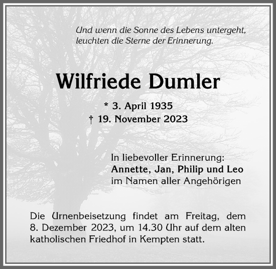 Traueranzeige von Wilfriede Dumler von Allgäuer Zeitung,Kempten