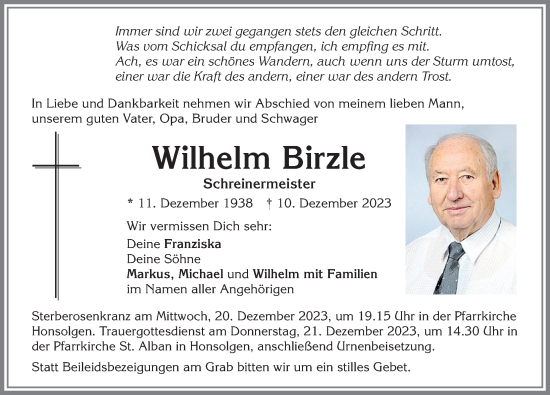 Traueranzeige von Wilhelm Birzle von Allgäuer Zeitung, Kaufbeuren/Buchloe