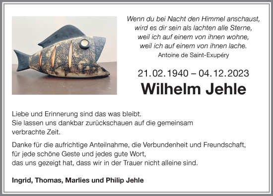 Traueranzeige von Wilhelm Jehle von Memminger Zeitung