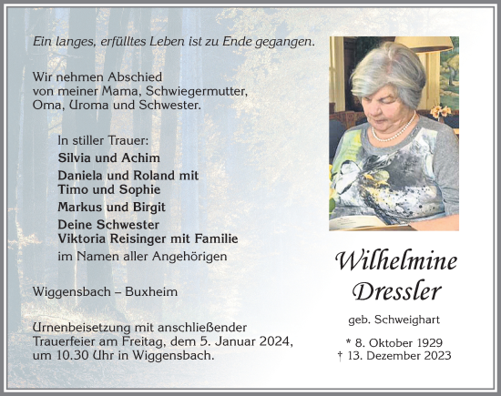 Traueranzeige von Wilhelmine Dressler von Allgäuer Zeitung,Kempten