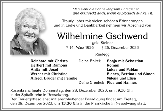 Traueranzeige von Wilhelmine Gschwend von Allgäuer Zeitung, Füssen