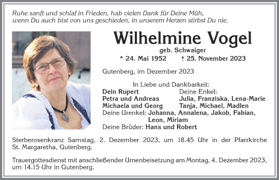 Traueranzeige von Wilhelmine Vogel von Allgäuer Zeitung, Kaufbeuren/Buchloe