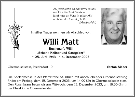 Traueranzeige von Willi Matt von Allgäuer Anzeigeblatt